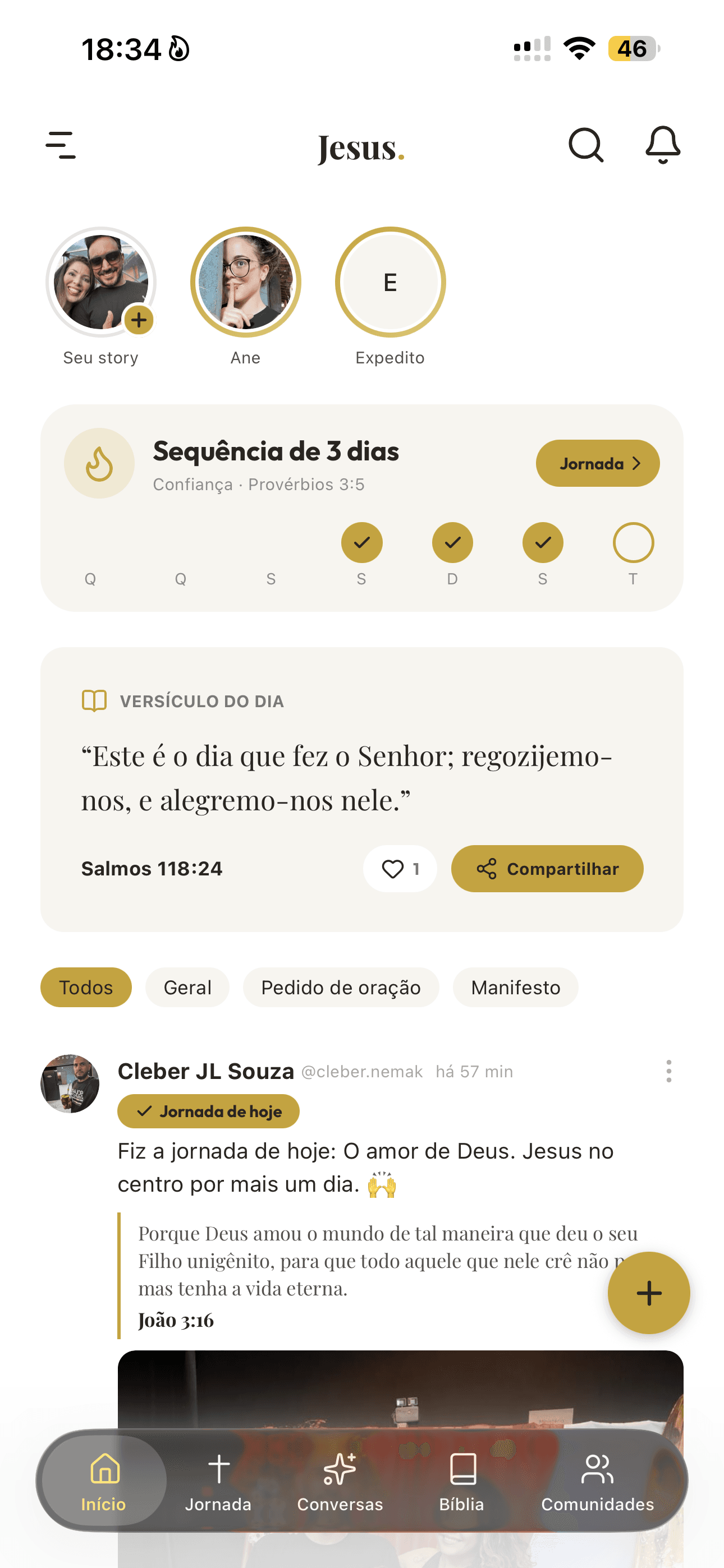 Feed do Jesus Movement com stories, sequência e versículo do dia